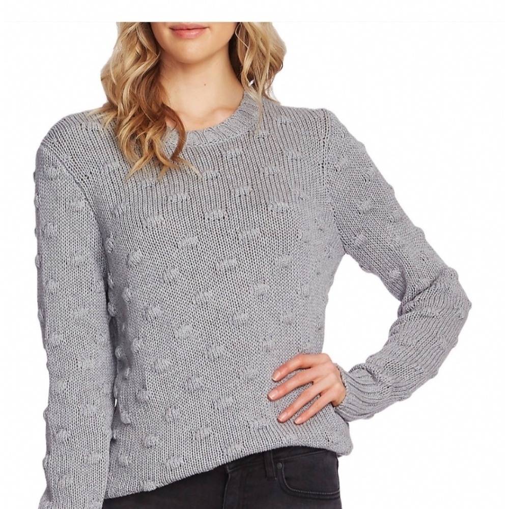 Vince Camuto Gray Cotton Bobble Knit Pom Pom Crewneck Sweater Large